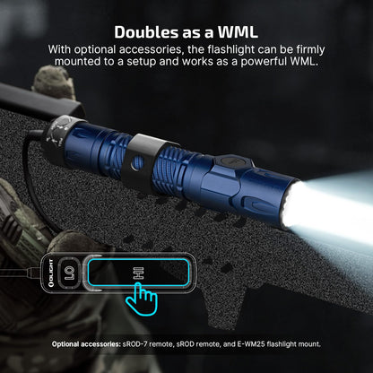 OLIGHT Warrior Ultra 2500 Lumens Tactical Flashlight, Compact Dual Switches Rechargeable Bright Light with Proximity Sensor, Suitable for Emergency, Outdoor, Searching(Navy Blue)
