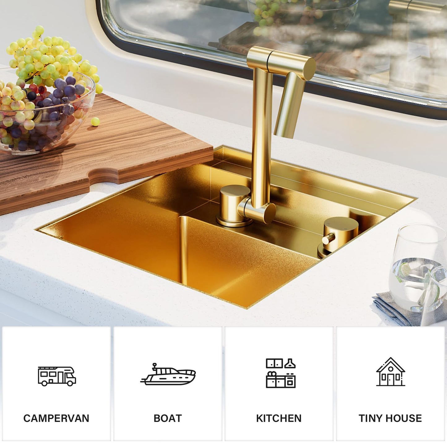 TORVA Gold RV Sink, 13x15x9 Inch Nano Stainless Steel Single Bowl Sink, Compact Undermount RV Kitchen Sink, 16 Gauge T304 Steel, Easy to Clean & Anti-Scratch Design for Camper and Trailer