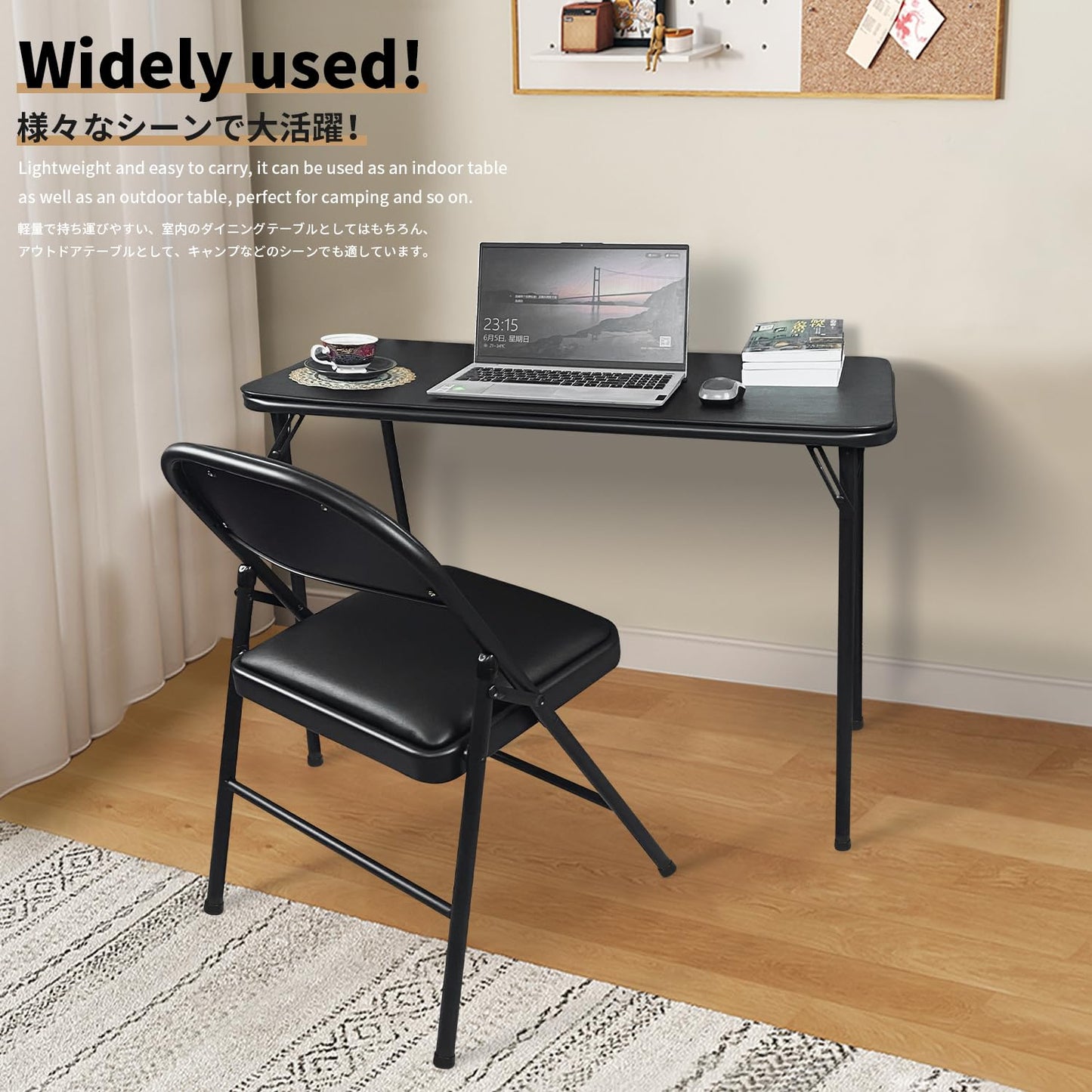 BOOSDEN Foldable Table and Chair Set, Folding Card Table and Chairs, Portable Table with Chairs for Indoor Outdoor, Tables Chair Set Space-Saver for Dining, Game, Camping, Apartment, 2 Pack, Black