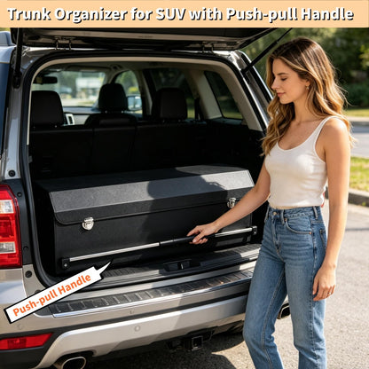 SUV Trunk Organizers, Leather Car Trunk Storage Organizer with Lid & Push-pull Handle, Large Capacity Waterproof Cargo Storage Box for SUVs Sedans Vans (39.7 x 11.4 x 12.2in)