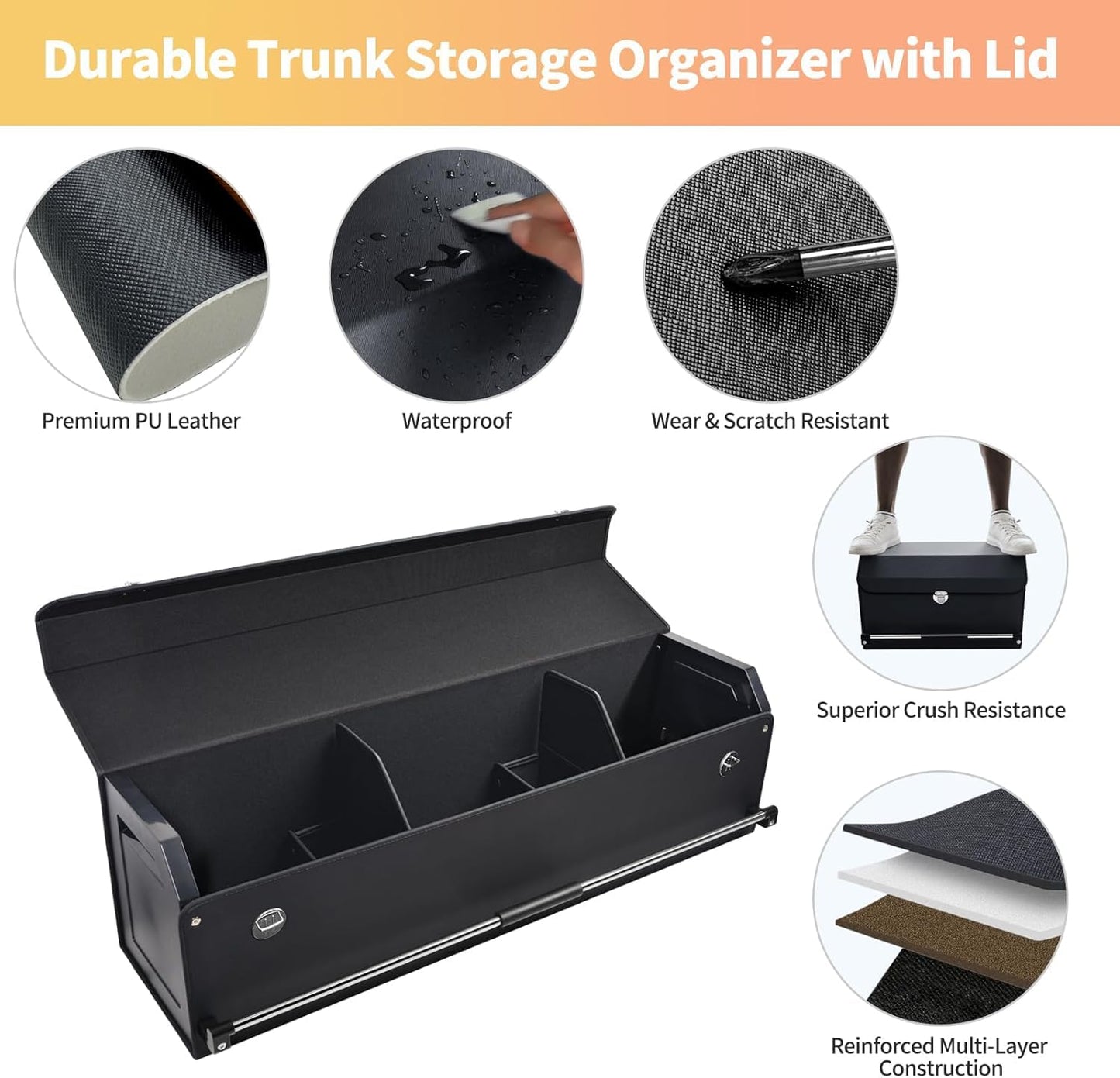 SUV Trunk Organizers, Leather Car Trunk Storage Organizer with Lid & Push-pull Handle, Large Capacity Waterproof Cargo Storage Box for SUVs Sedans Vans (39.7 x 11.4 x 12.2in)