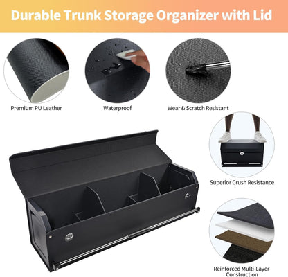 SUV Trunk Organizers, Leather Car Trunk Storage Organizer with Lid & Push-pull Handle, Large Capacity Waterproof Cargo Storage Box for SUVs Sedans Vans (39.7 x 11.4 x 12.2in)