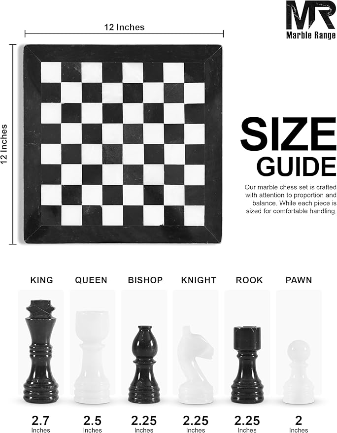 Marble Chess Set for Adults 12 Handmade Black &amp White Board Game with 32 Chess Pieces 2 Extra Queens &amp Storage Box Luxury Travel Game Elegant for Home Decor