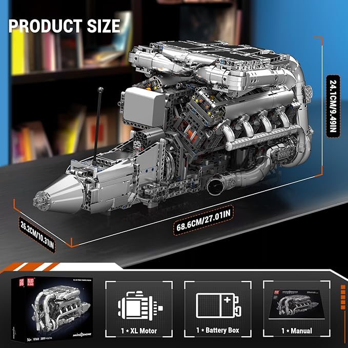 Mould King V8 Twin Turbo Engine Model Kit that Works - 2899+ PCS Build Your Own Visible Model Engine Kit for Adults with Motor and Battery Building Blocks for Adults DIY STEM Construction Toys
