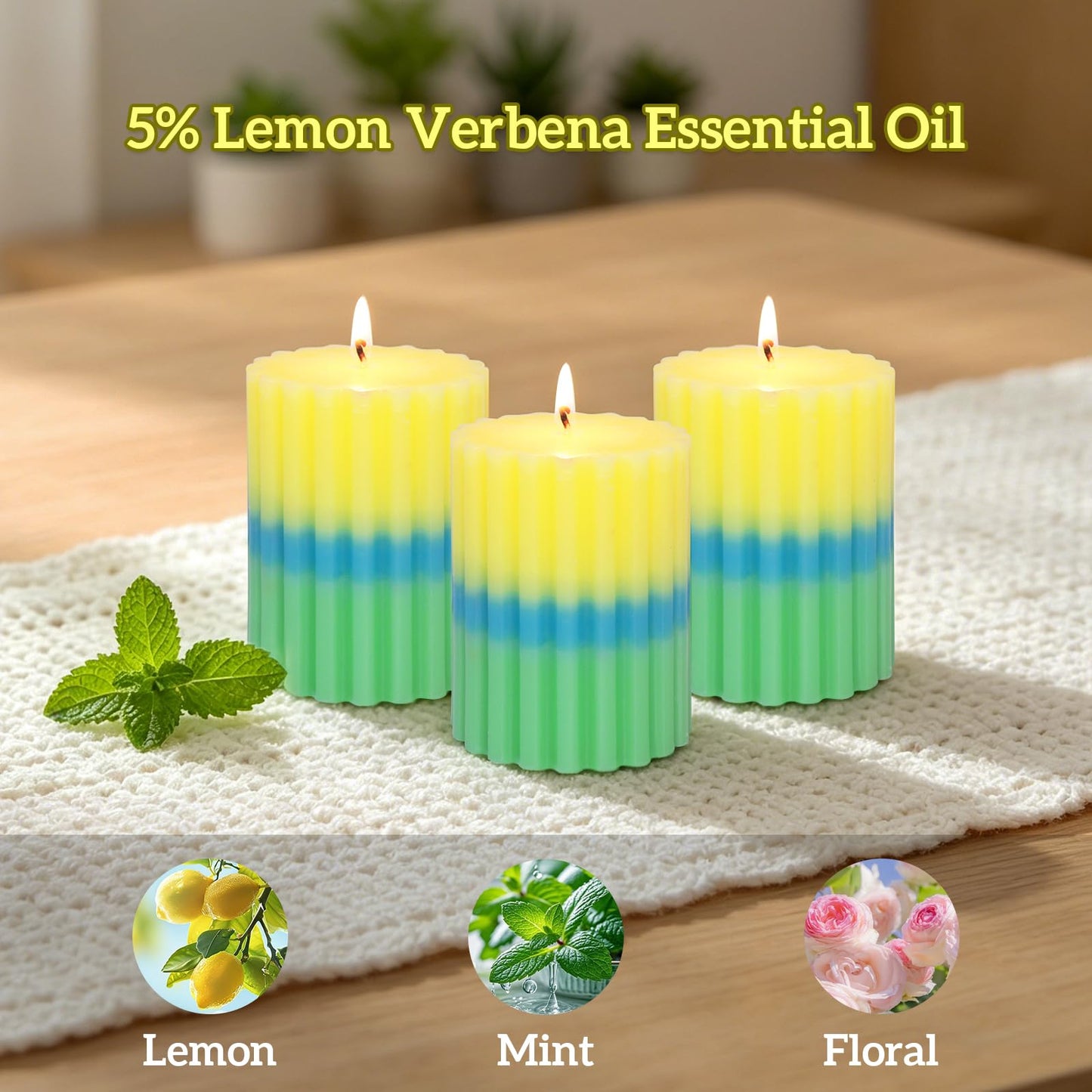 FLAVCHARM Ribbed Pillar Candles 3x4 Inch Lemon Scented Candles Long Lasting Burn Dripless Striped Pillar Candle 3 Pack Aesthetics Aromatherapy Candle for Home Party Summer Decoration Housewarming Gift