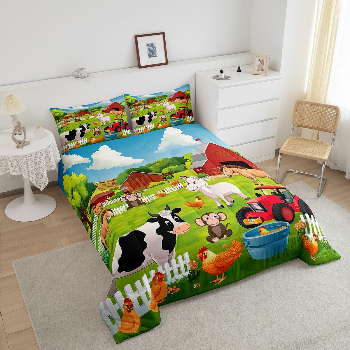 Feelyou Kids Bedding Set Cartoon Farmhouse Comforter Set Cute Farm Animal Boys Girls Toddler Comforter Cover Country Style Comforter with 1 Pillowcase Twin Size