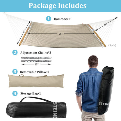 Double Hammock, 11 FT Quilted Fabric 2 Person Hammock for Outside with Pillow, Folding Curved Spreader Bar, Chains, Carrying Bag, Indoor Outdoor, 450 IB Capacity, Trinidad Red