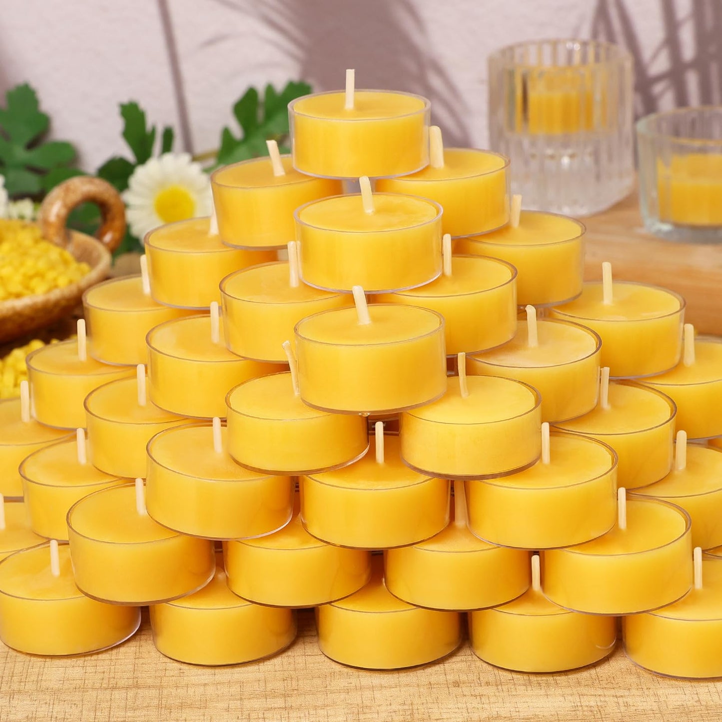 50 Packs Beeswax Tealight Candles Bulk,4 Hours 100% Pure Beeswax Tea Lights Candle in Clear Cup,Natural Scent Bees Wax Candles Small Smokeless Clean Burning Perfect for Home Decor for Party Christmas