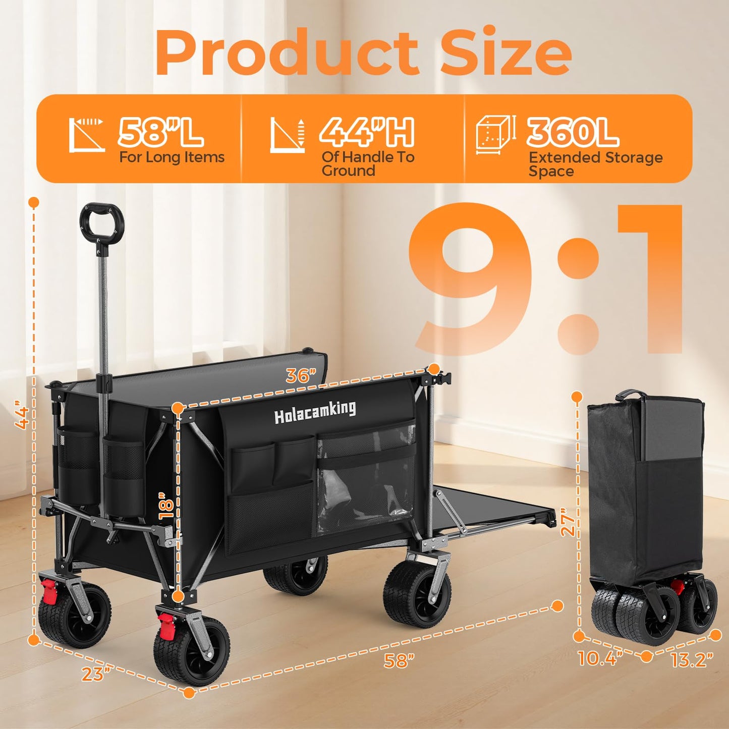 Holacamking 58”L Extender Collapsible Wagon, Extra Long Foldable Wagon Cart with Extended Tailgate, Heavy Duty Rolling Utility Cart with All-Terrain Big Wheels for Shopping Sports Beach, Black