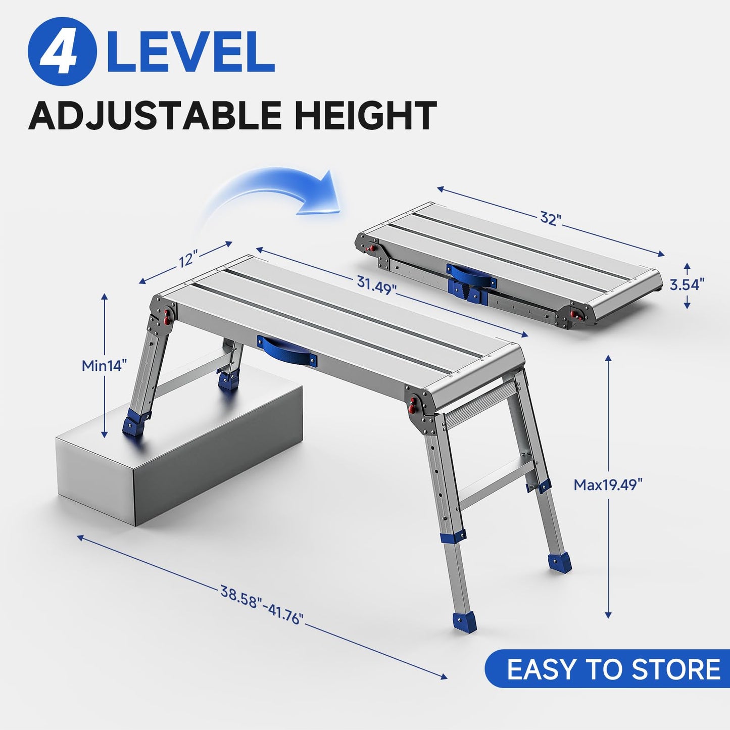 Loyoda Work Platform for Adults, Aluminum Foldable Long Step Stool Adjustable Height, Lightweight and Durable Portable Outdoor Aluminum Step Ladder, Maximum Load Capacity of 800 Pounds.