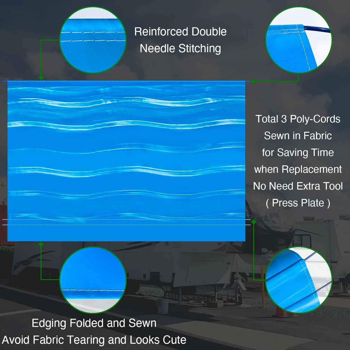 Leaveshade RV Awning Fabric Replacement Camper Trailer Awning Fabric Super Heavy Vinyl Coated Polyester 15'3''(Fit for 16' Awning)- Blue Wave