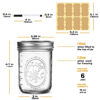 Wide Mouth Glass Mason Jars 16 oz, 6 Pack Glass Canning Jars with Metal Airtight Lids and Bands and Measurement Marks, for Canning, Preserving, Overnight Oats, Jam, Jelly, Food Storage, DIY etc