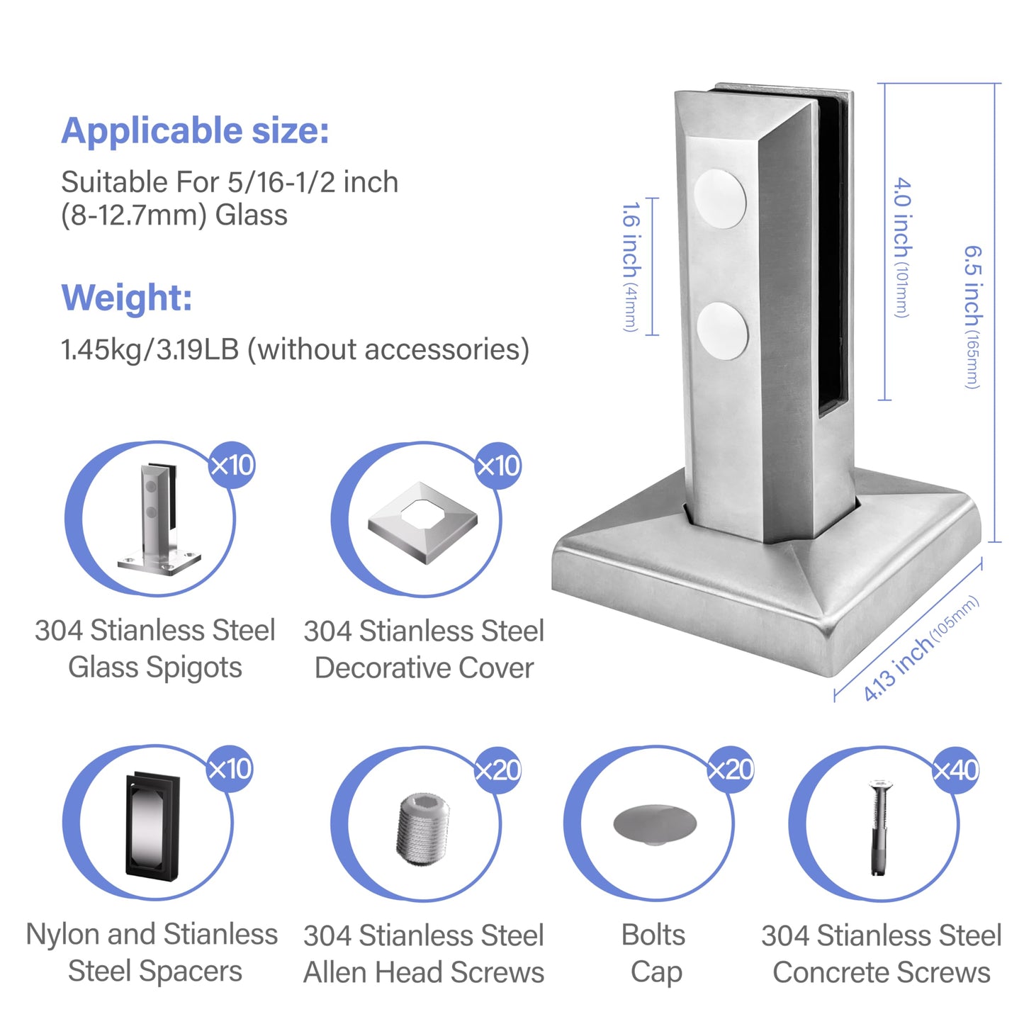 Glass Railing Spigot,10 Pack 304 Stainless Steel 1450g Heavy Duty Square Pool Fence Glass Railing Post Clamp Spigot Floor Mount Rail for Home Garden Stairs Balustrade Balcony