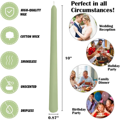 12-Pack Sage Green Taper Candles, 10 Inch Unscented Dripless Candlesticks, Long-Lasting Burn Time of 7-8 Hours, Perfect for Home Décor, Spring and St. Patrick's Day