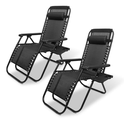 SZHLUX Set of 2 Adjustable Steel Mesh Zero Gravity Lounge Chair Recliners w/Pillows and Cup Holder Trays