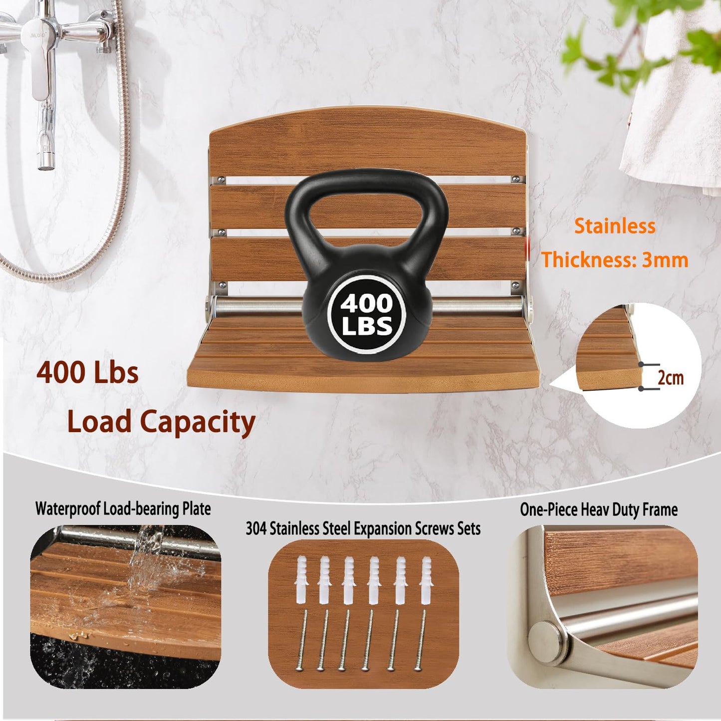 17.5" Folding Shower Seat Wall Mounted,Foldable Shower Bench,Fold Down Shower Seat,Folding Shower Seat Bench,Wall Mount Shower Seat Bench Chair (Teak)