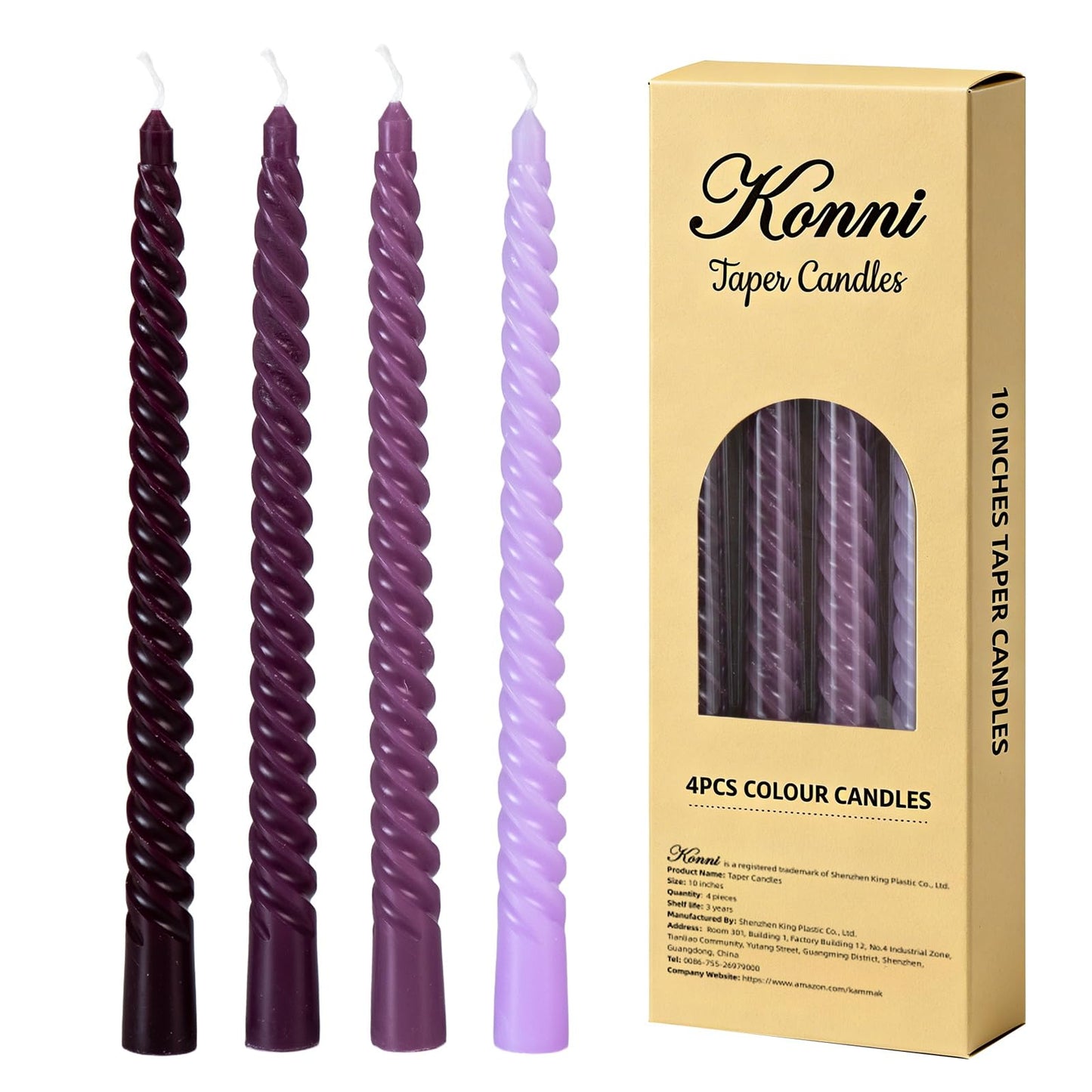 Purple Spiral Taper Candles, 10 inch Gradient Twisted Candles,4 Pack Unscented and Smokeless Long Burning Candles with Cotton Wicks,Tall Candlesticks,Ideal for Weddings, Dinner Parties, and Home Décor