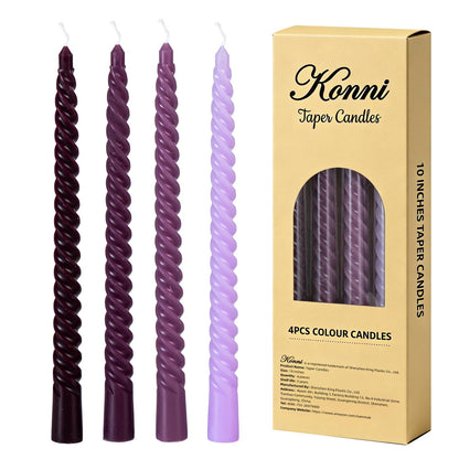 Purple Spiral Taper Candles, 10 inch Gradient Twisted Candles,4 Pack Unscented and Smokeless Long Burning Candles with Cotton Wicks,Tall Candlesticks,Ideal for Weddings, Dinner Parties, and Home Décor