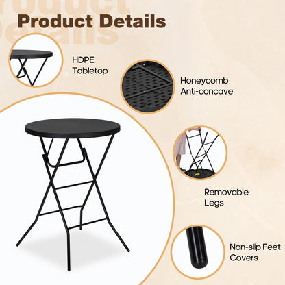 GlowitLian 32" Round Folding Table, Portable Bar Height Folding Table with Detachable Legs, Round Foldable Table with HDPE Top for Standing Parties, Balcony, Event, Indoor Outdoor Use (Black, 2 Pack)