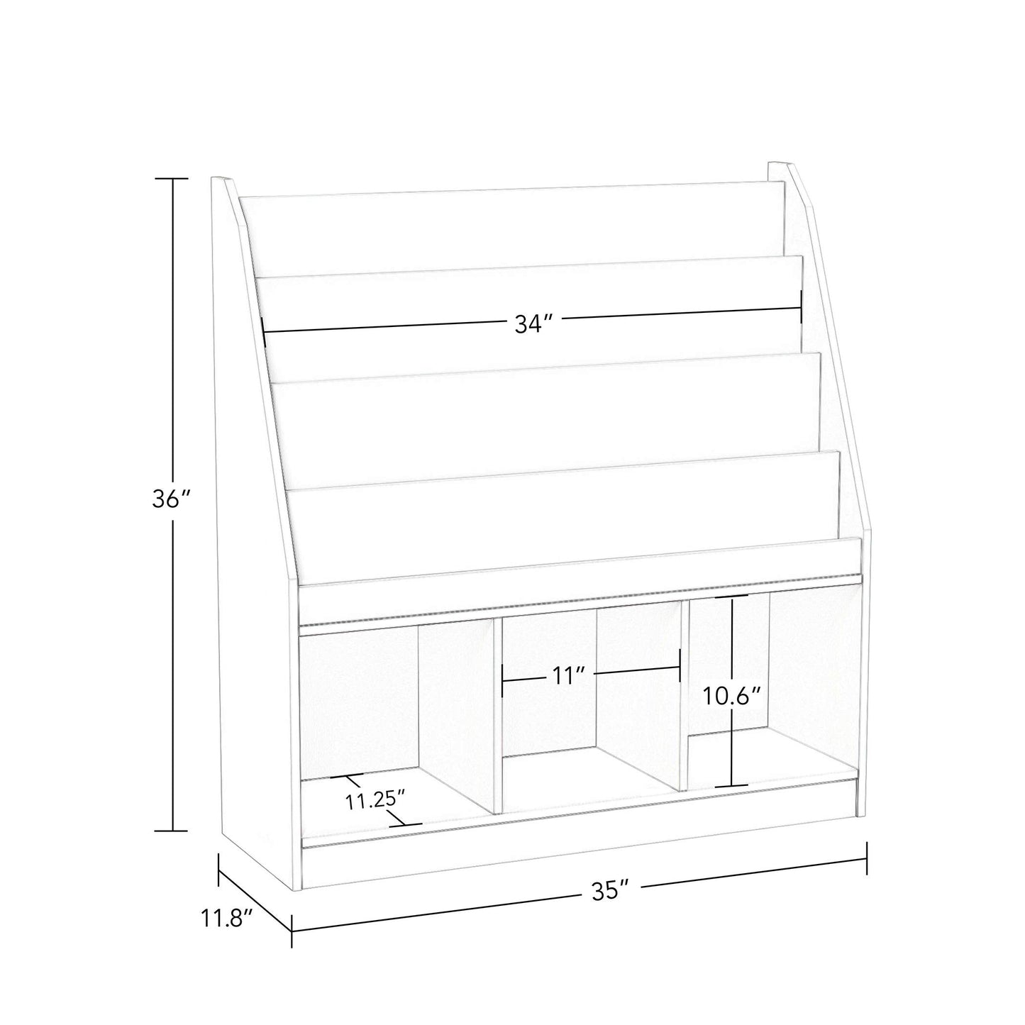 RiverRidge Kids Bookrack with Three Cubbies and 2 Gray Bins