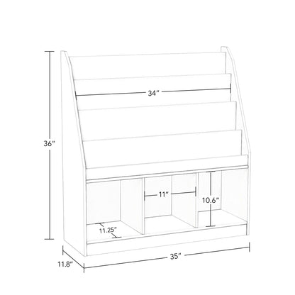 RiverRidge Kids Bookrack with Three Cubbies and 2 Gray Bins