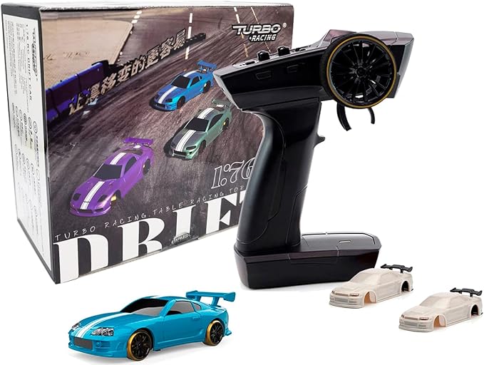 Turbo Racing C63 1:76 Scale Drift RC Car with Gyro Mini Full Proportional RTR 2.4GHZ Remote Control with 2 Replaceable Body Shell(Lake Blue)