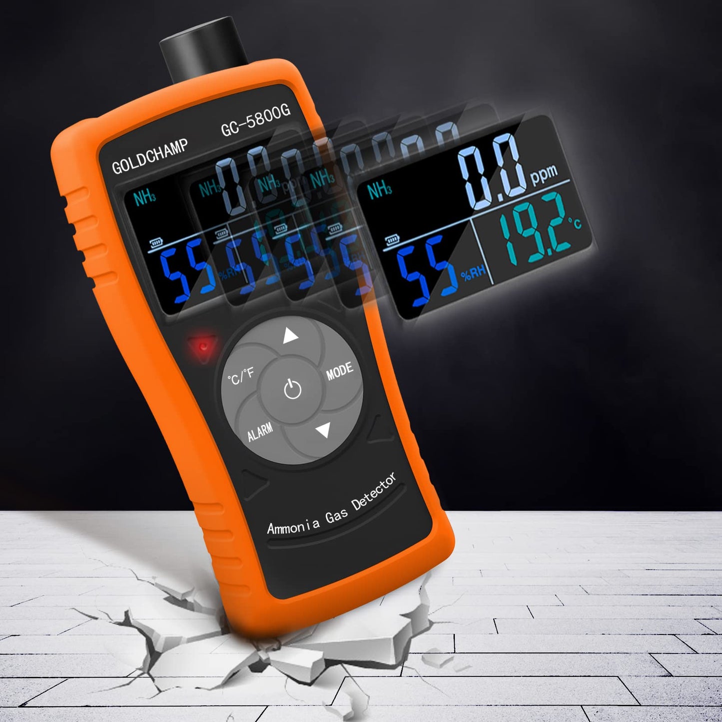 GOLDCHAMP Ammonia Gas Detector 0~100ppm NH3 Monitor with 0.1ppm Resolution, Temperature(℉/℃), Humidity, LCD Display, Double Alarm, Tripod Hole for Farm, Poultry, Pig & Livestock