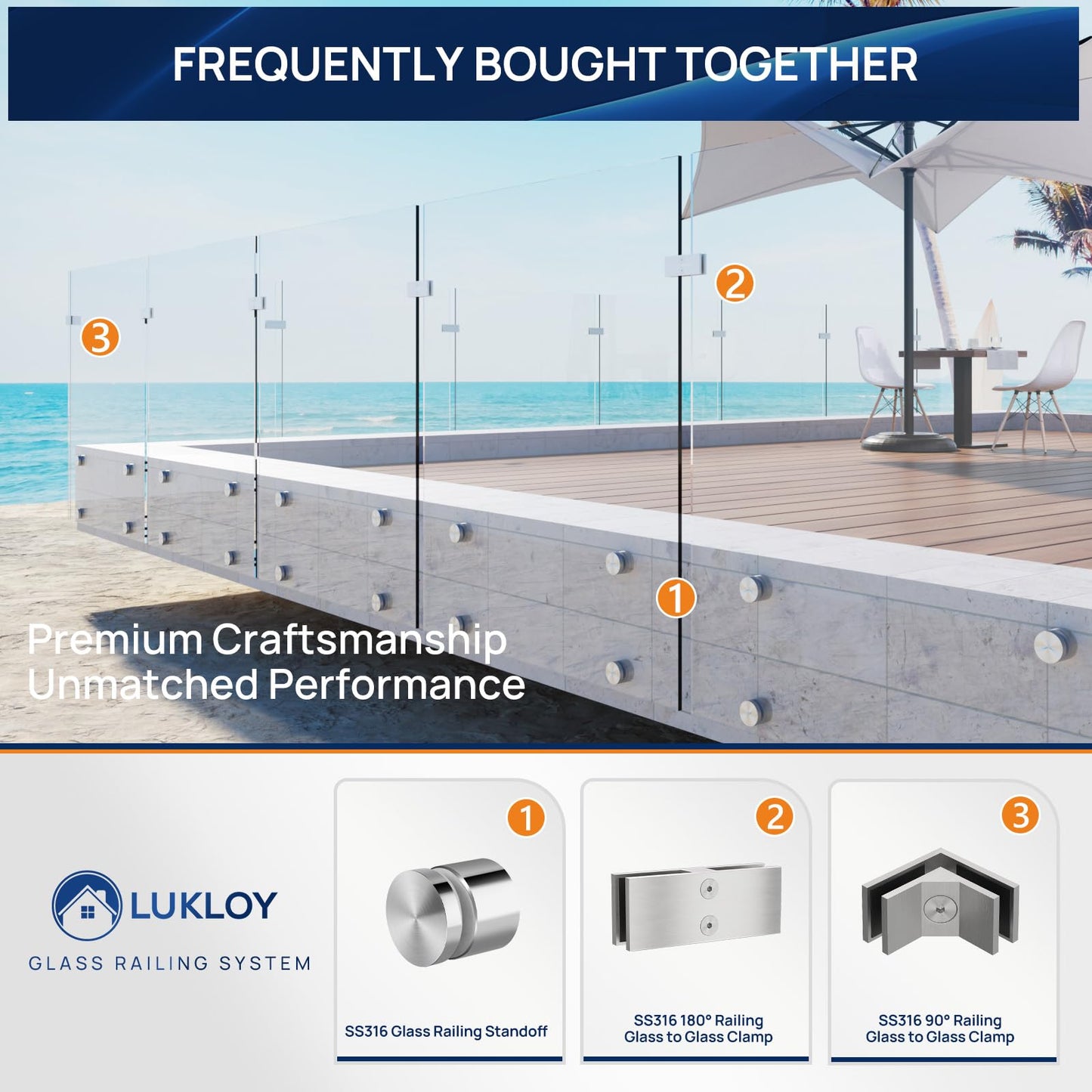 24 Pack LukLoy SS316 Solid 1.32lb Heavy Duty Glass Railing Standoff Hardware for Balcony Stair Balustrade, 2" Stair Glass Railing Standoffs Pins (Marine Grade)