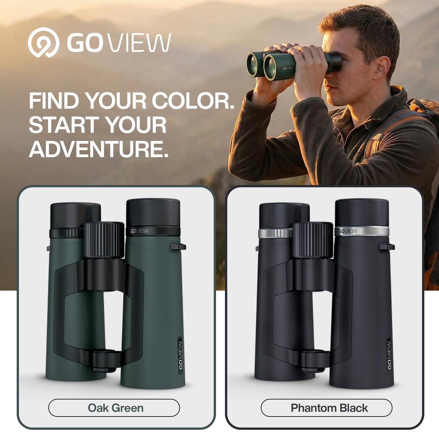 GOVIEW ZOOMR 10x42 Binoculars for Adults | Lightweight | BAK4 Prism with Fully Multi-Coated Optics Smartphone Adapter Compatible Waterproof IPX5/6 PORTR™ Strap with Easy Click Closure - Oak Green