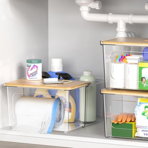 iCASA Trash Bag Dispenser - 2-in-1 Acrylic Organizer with Bamboo Lid | Holds Up to 100 Large Rolls