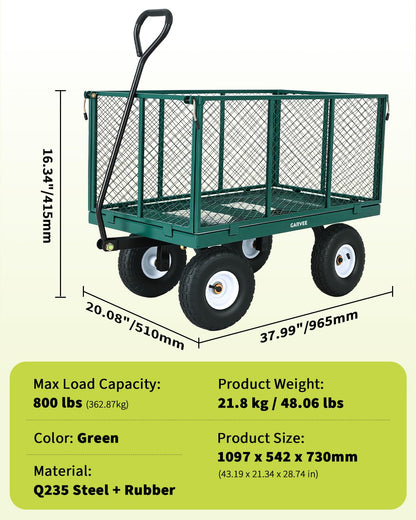 Garvee Versatile Outdoor Utility Cart-800LBS Heavy-Duty, 10" All-Terrain Pneumatic Tires, Easy Maneuverable Lawn Cart with Removable Mesh Panels for Gardening&Landscaping, Green, with Waterproof Liner