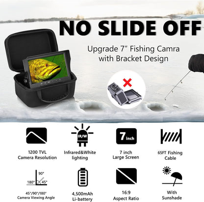 [FishPRO® 2026 Upgrade] Underwater Fishing Camera - [No Slide Off] 7'' Ice Fishing Camera Underwater 1200TVL w/Bracket,12pcs IR + 12pcs LED, 4,500mAh, Portable Fish Finder Ice Fish Gifts for Men, 65ft