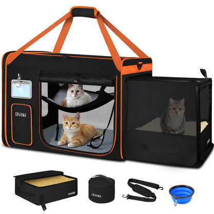 Petskd Side Expandable Extra Large Cat Carrier with Litter Box Area for Long Distance Car Travel,24"x17"x17" Collapsible Soft-Sided Large Pet Carrier with Zipper Locks for 2 Cats Under 55LBS(Black)