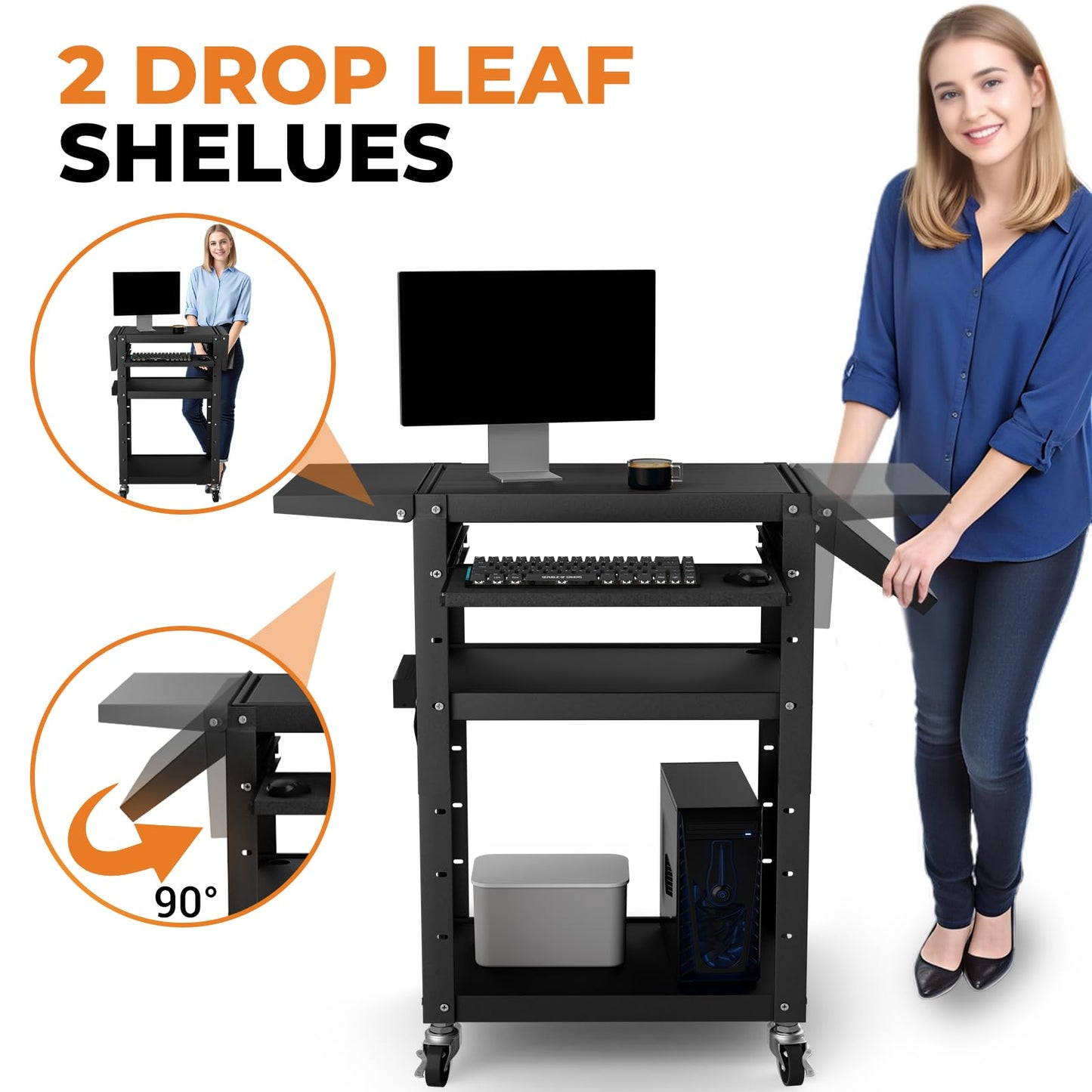 Mobile AV Cart with Pullout Keyboard Tray, Rolling Computer Cart Height Adjustable Rolling Media Utility Cart with 4 Wheels, 4 Outlets, Perfect for Home or Office Us