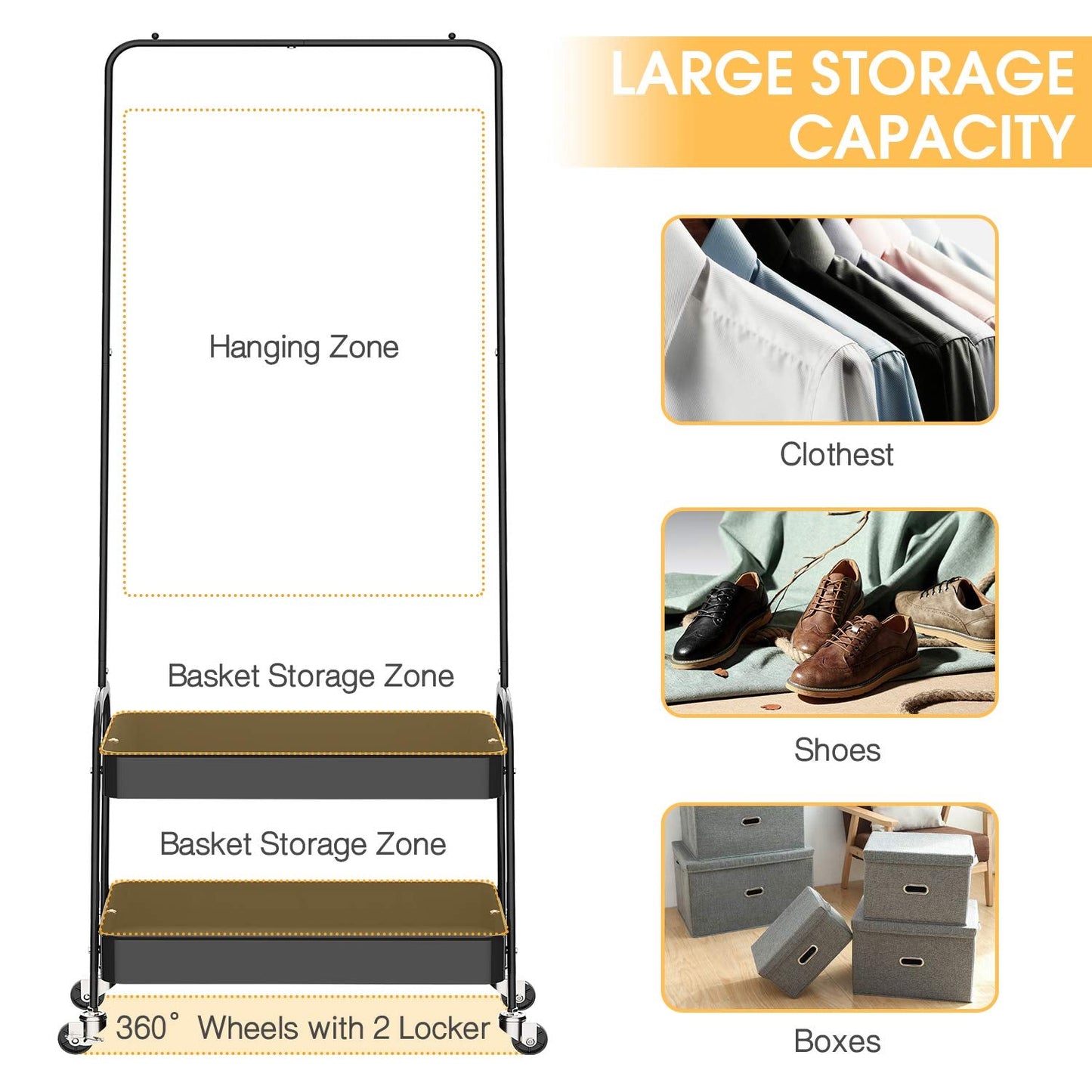 KINGRACK 2-in 1 Garment Rack, Clothing Rack with 2 Tier Metal Basket, Rolling Storage Cart Clothes Organizer Coat Rack Storage Stand on Wheels, for Home Bedroom Laundry Small Place Entryway, Black