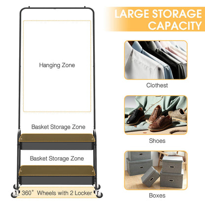 KINGRACK 2-in 1 Garment Rack, Clothing Rack with 2 Tier Metal Basket, Rolling Storage Cart Clothes Organizer Coat Rack Storage Stand on Wheels, for Home Bedroom Laundry Small Place Entryway, Black