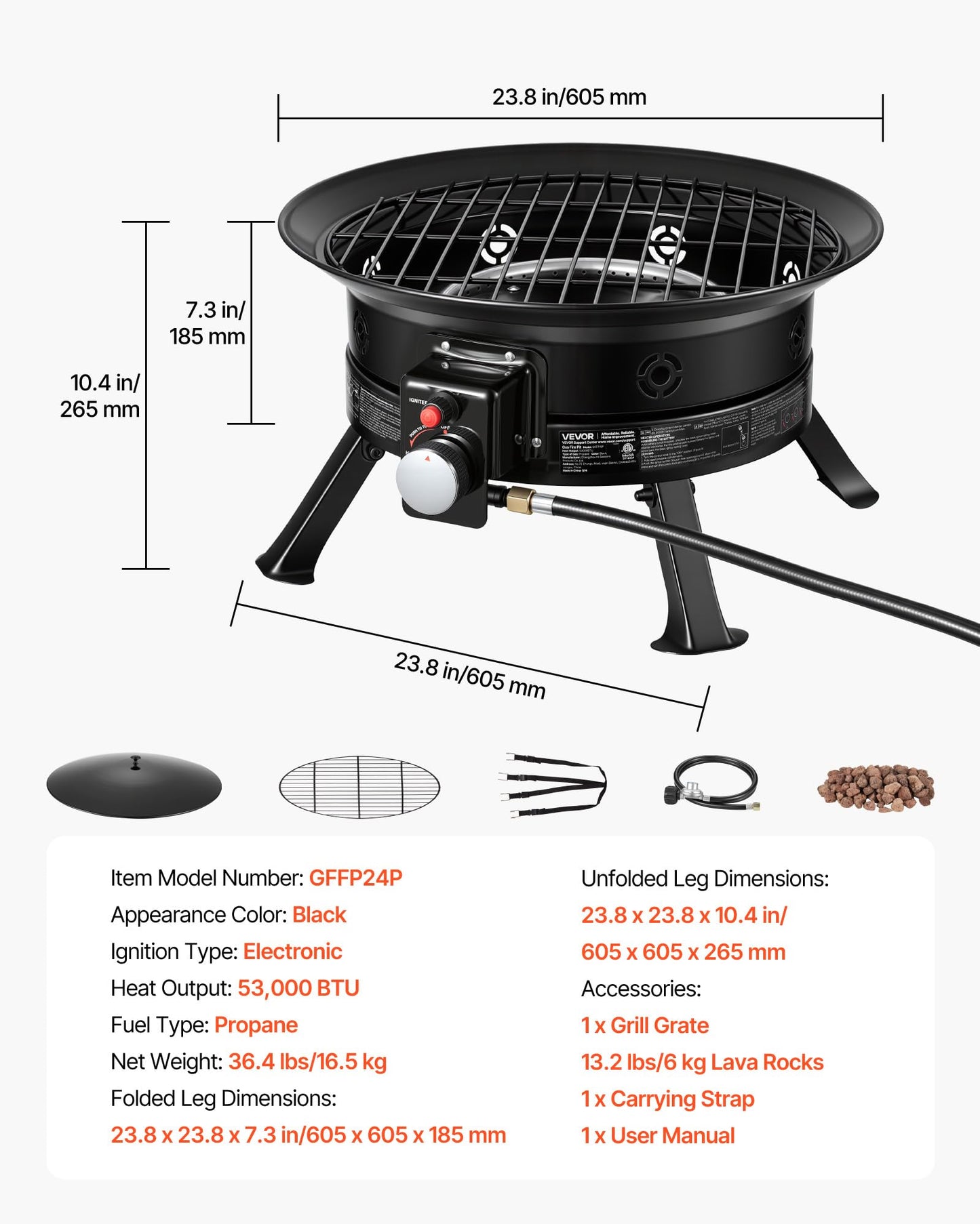 VEVOR Propane Fire Pit 24-Inch, 53,000 BTU Portable Gas Fire Pit, with Grill Grate & Lava Rocks, Adjustable Flame, Folding Legs,Smokeless Outdoor Firebowl for Camping, Patio, Backyard, Deck, RV, Black