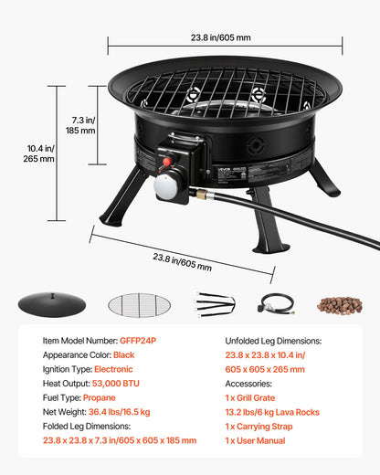 VEVOR Propane Fire Pit 24-Inch, 53,000 BTU Portable Gas Fire Pit, with Grill Grate & Lava Rocks, Adjustable Flame, Folding Legs,Smokeless Outdoor Firebowl for Camping, Patio, Backyard, Deck, RV, Black