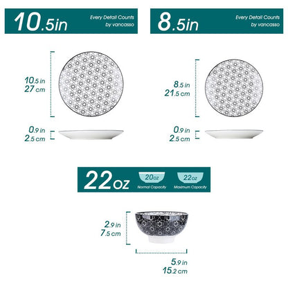 vancasso Haruka 12 Pieces Plates and Bowls Set, Ceramic Dinnerware Sets for 4, Black and White Porcelain Dishes Set