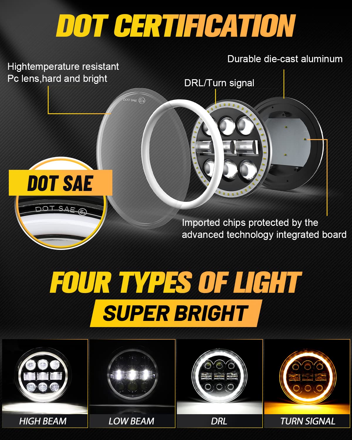 BraveWAY 5.75" Round LED Headlights, 5-3/4 Inch Sealed Beam Headlamp(H5006) with Projector White/Amber Halo Ring