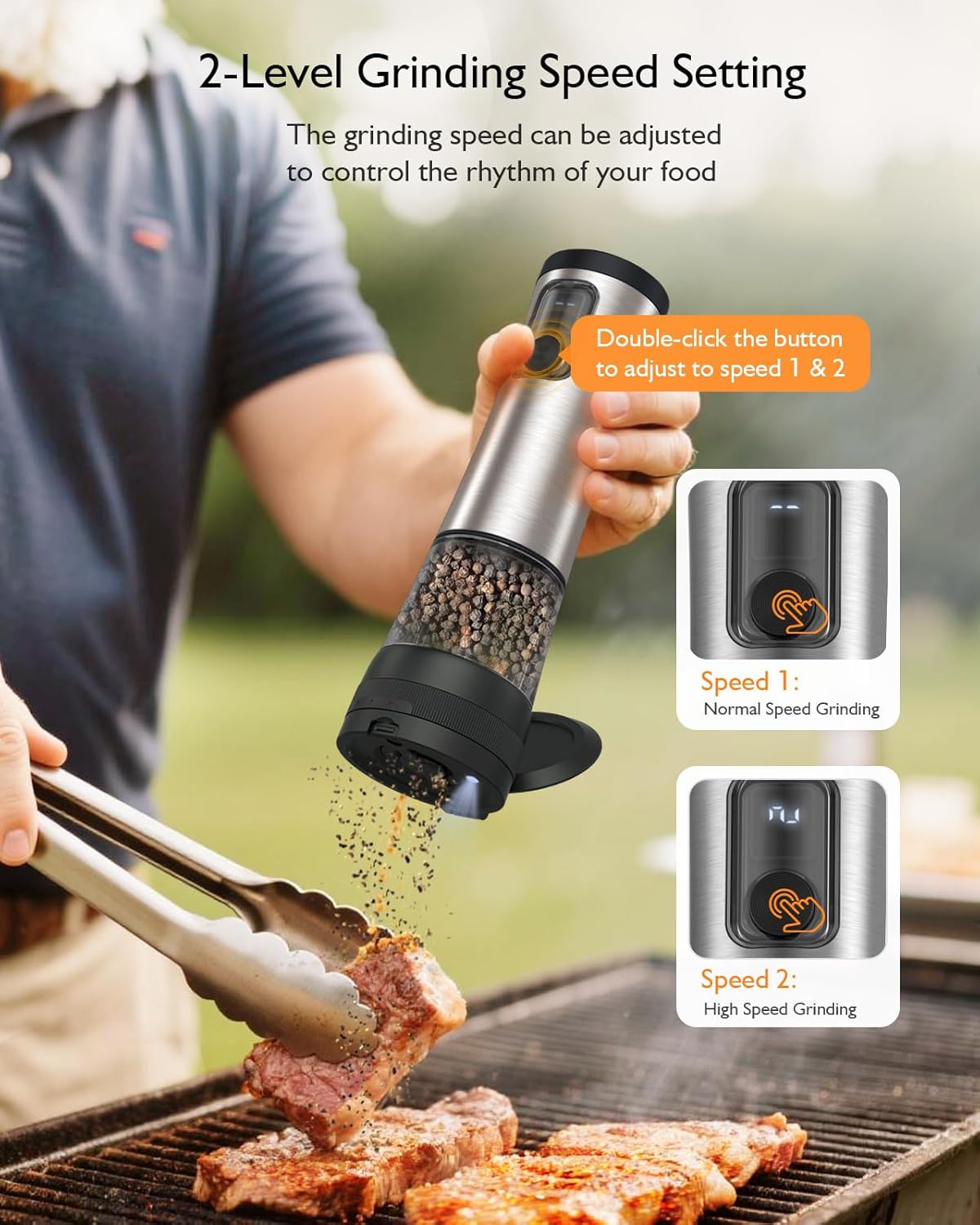Skiennix Electric Salt and Pepper Grinder Set - Upgraded 2-Speed, Adjustable Coarseness, Rechargeable Stainless Steel Mill with LED Light