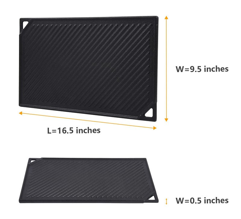 GasSaf Cast Iron Reversible Griddle, 16.5 Inch x 9.5 Inch Double Sided Grill Pan Perfect for Gas Grills and Stove Top