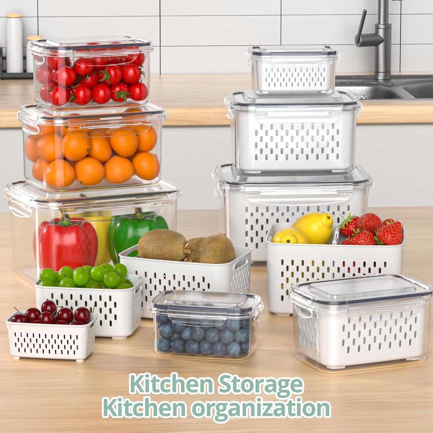 Skiennix Fruit Storage Containers - Airtight 8-Pack with Removable Colander & Divider Plate | Keep Berries Fresh
