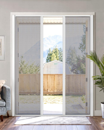 Paramondo Retractable Screen for Double Doors - Self-Stop Sliding Patio Screen with Aluminum Frame & Fiberglass Mesh, White, Size 72 3/4" W x 81 3/8" H