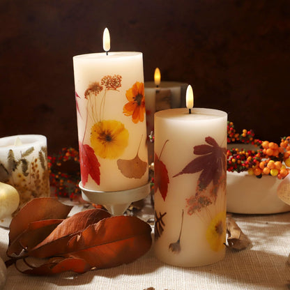 Fall Flameless Candles with Real Maple Leaf & Marigold Embedded Pillar Candles Battery Operated with Remote (3" × 6") - Straight Edge, Real Wax, Unscented - Ideal for Thanksgiving Decorations