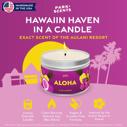 Park Scents Aloha Candle - Authentic Smell of The Hawaiian Aulani Resort Hotel Lobby - Soft Fruity Notes of Pineapple & Coconut - Handmade in The USA - Natural Soy Blend | 8 oz. Tin