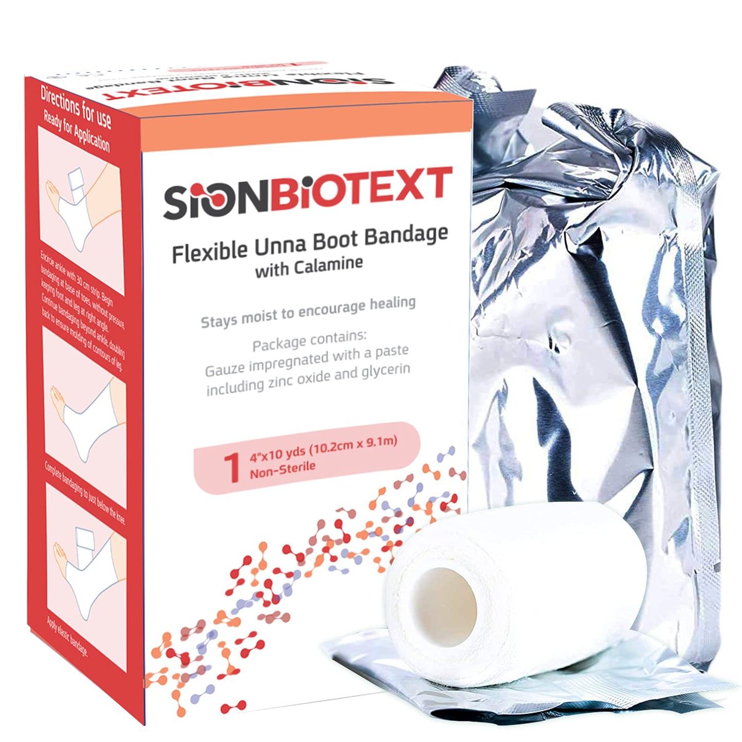 Sion Biotext Flexible Unna Boot Fabric Bandages with Zinc and Calamine, First Aid Kit Emergency Supplies, Ankle Brace Compression Bandage Wrap, Wound Care Supplies, 4 Inches X 30 Feet