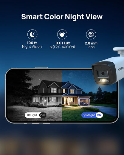 ANNKE 5MP Security Camera System Two-Way Audio, 16CH NVR with AI Motion Detection, 8x 3K IP PoE Wired Cams with Red & Blue Light & Audio Alarm, Compatible with Alexa for Business Surveillance, 2TB HDD