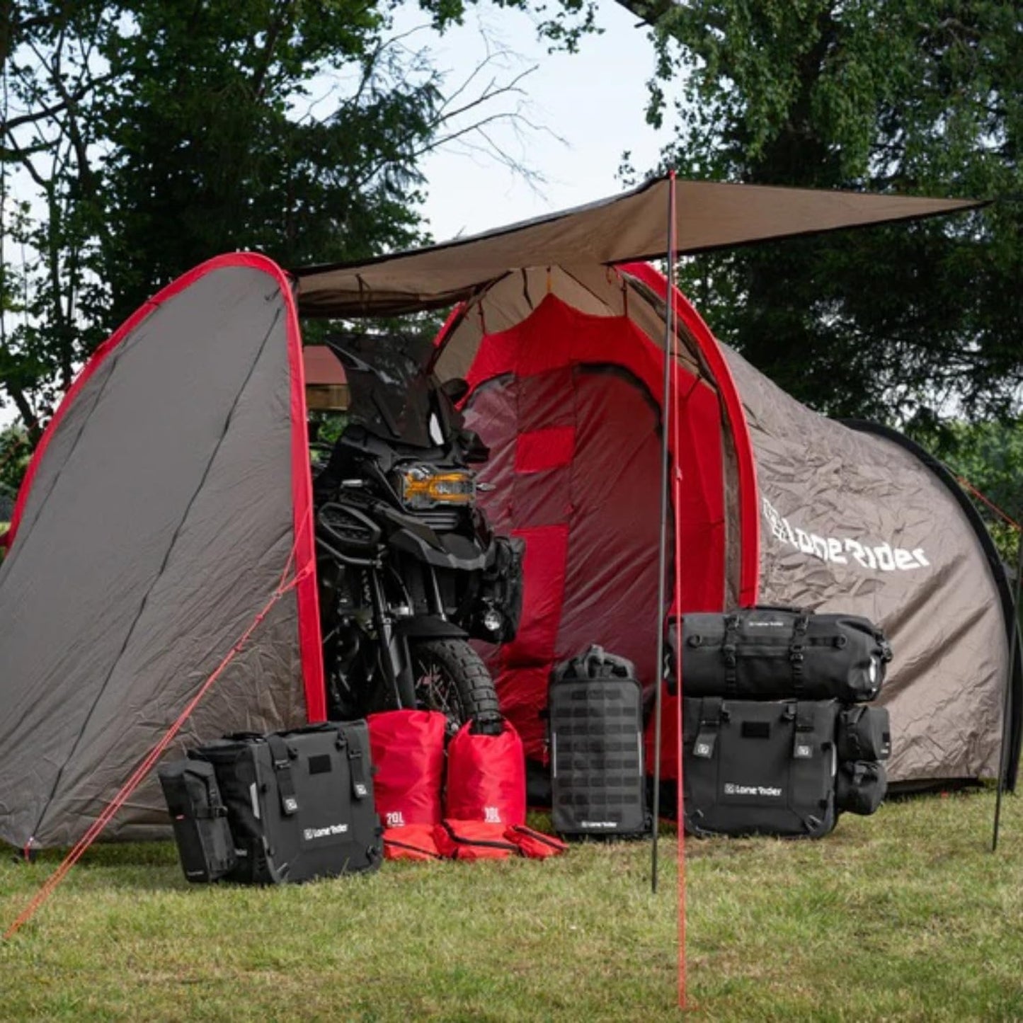 Lone Rider Motorcycle Tent with Bike Compartment - Fully Waterproof 2 Person Camping MotoTent Shelter with Moto Gear Equipment Storage Area - Includes Carry Bag, Groundsheet and Pegs