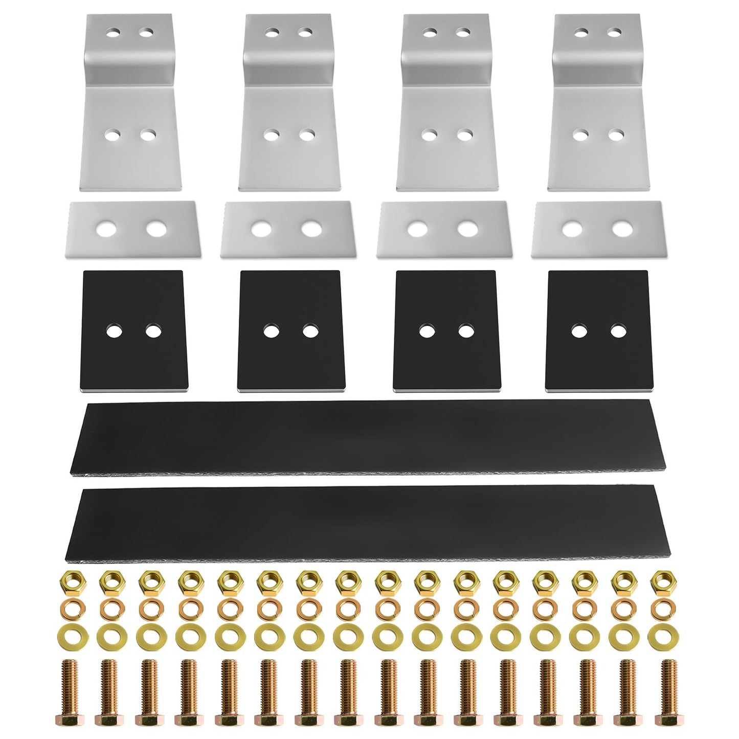 Cab Rack Side Mounting Kit - 4 L-Shaped Steel Brackets with 4-Hole Design, 2 Black Rubber Straps, 4 Thick Rubber Pads, 4 White UPE Anti-Scratch Spacers, Complete Set of Bolts, Nuts and Washers.